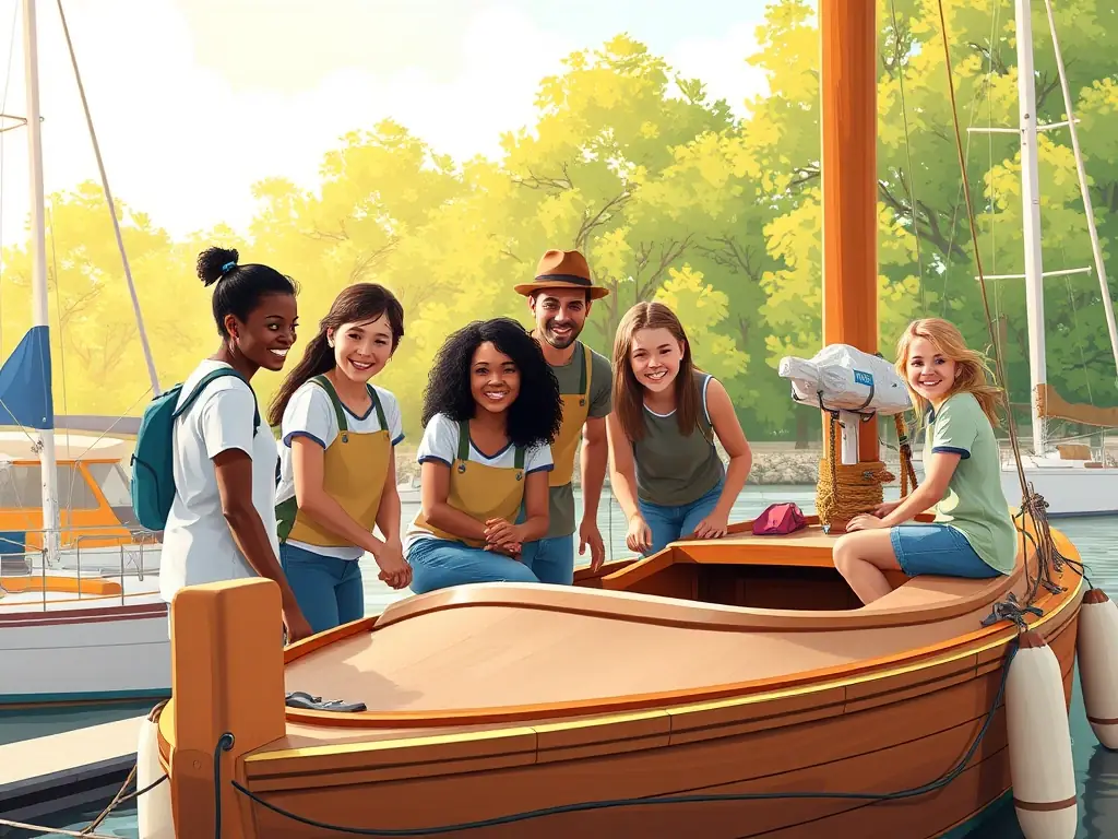 Volunteers assisting with a community sailing event, setting up equipment and interacting with participants. The atmosphere is lively and engaging, showcasing the spirit of community involvement.