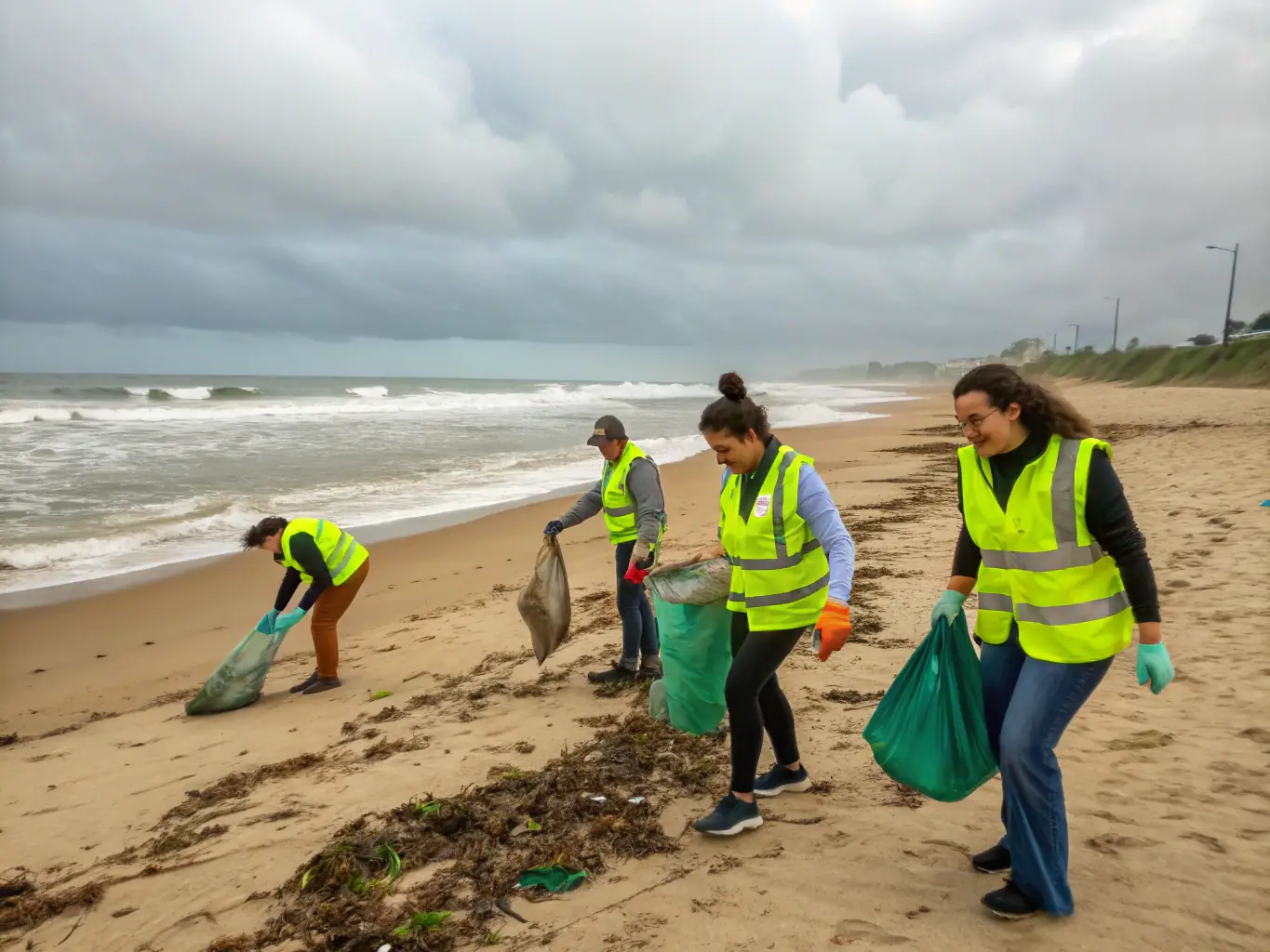 Volunteers cleaning up a beach, demonstrating the organization's commitment to environmental stewardship.