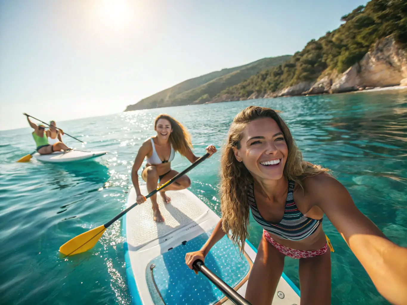 People enjoying various nautical activities, such as sailing, kayaking, and paddleboarding, in a scenic coastal setting. The image captures the joy and excitement of being on the water.