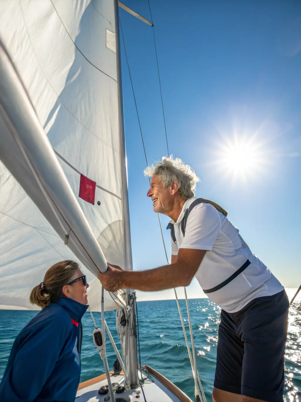A picture of instructors providing personalized guidance to a student during a sailing lesson, emphasizing the importance of mentorship.