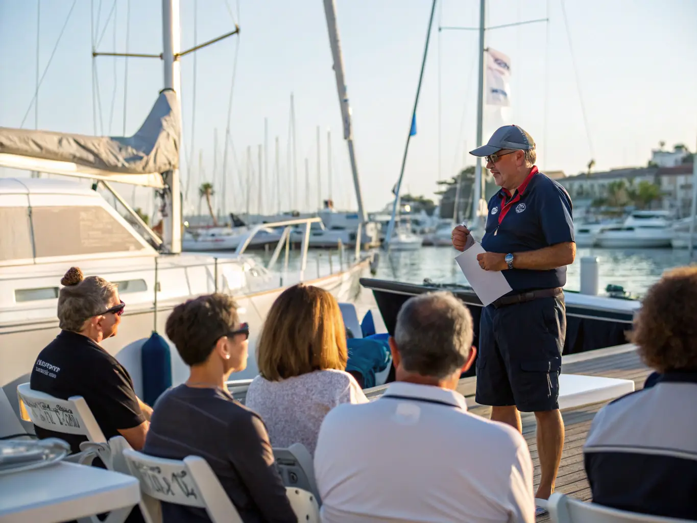 A group of diverse individuals participating in a sailing workshop, demonstrating teamwork and learning new skills under the guidance of an instructor. The setting is a sunny day on the water, with sailboats in the background.