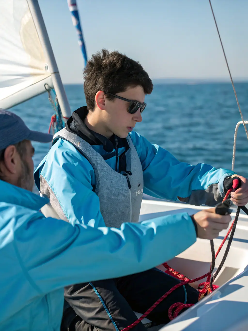An image of advanced sailing students practicing maneuvers on larger sailboats, demonstrating skill and precision.