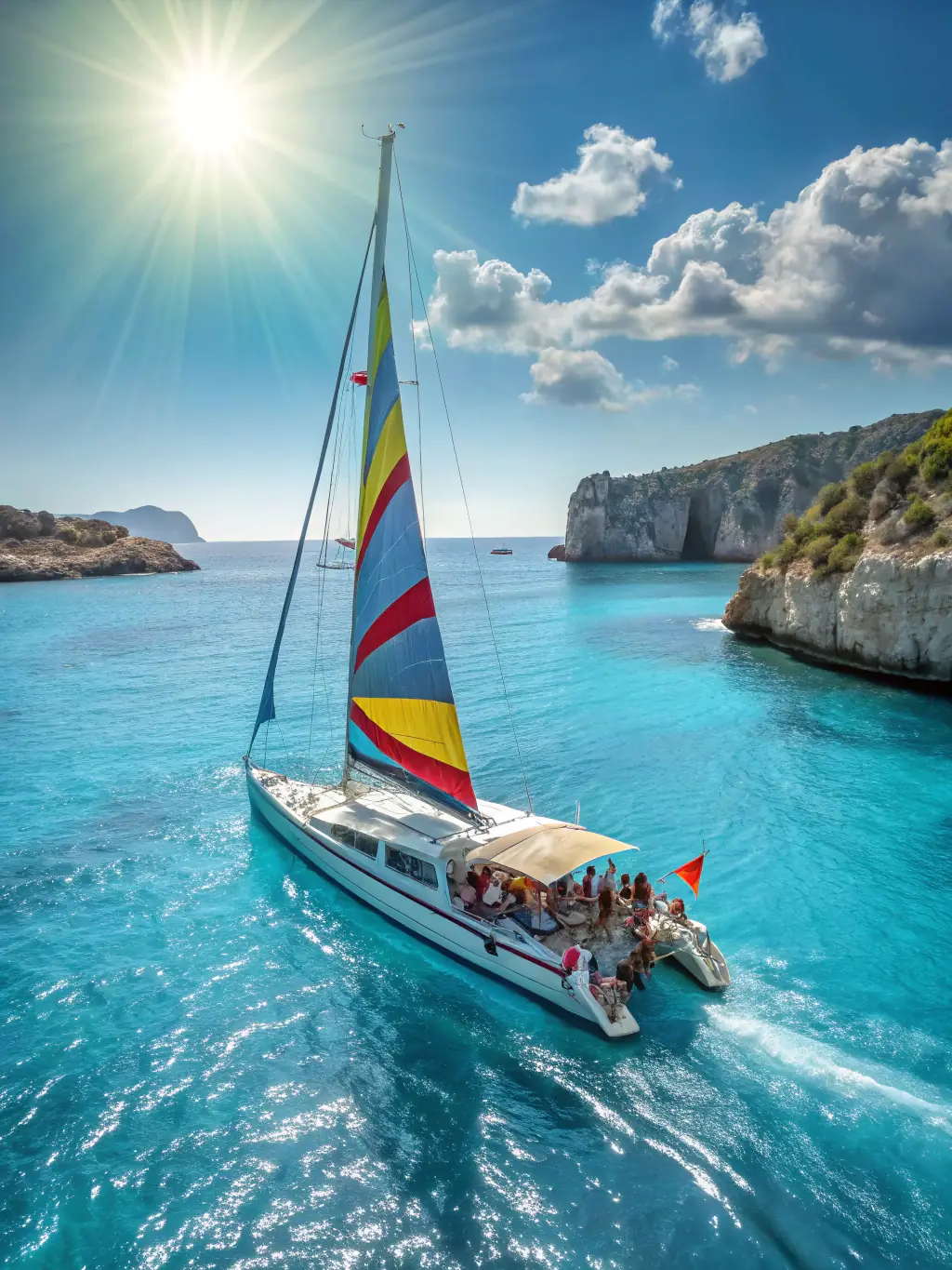 A vibrant image of young sailors participating in a sailing lesson, showcasing teamwork and enthusiasm on the water.